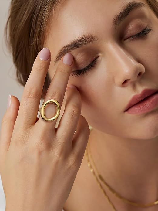 YeGieonr Gold Rings for Women Non Tarnish - 18K Gold Plated Stainless Steel Chunky Oval Statement Ring, Dainty Thick Waterproof Stackable Ring