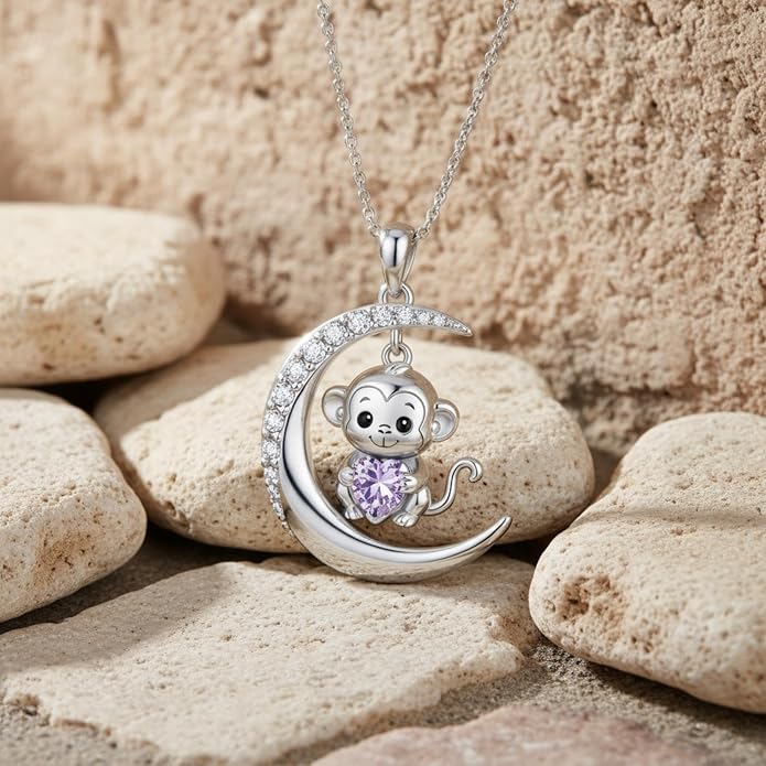 PROESS Animal Birthstone Necklace 925 Sterling Silver Otter/Axolotl/Hippo/Elephant/Dachshund/Monkey/Red Panda Pendant Necklace Animal Birthstone Jewelry Gifts for Women