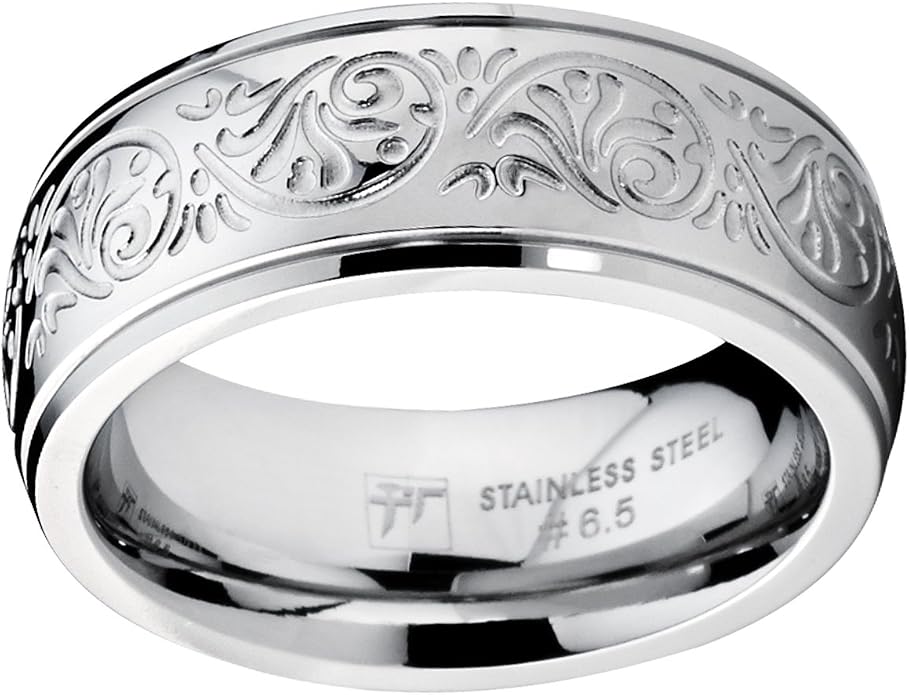 7MM Stainless Steel Ring With Engraved Florentine Design Sizes 4 to 13