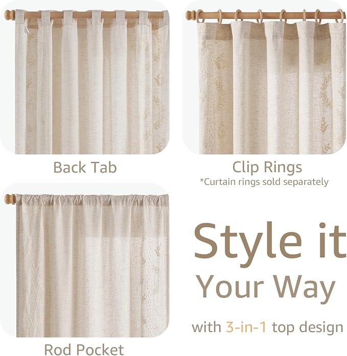 jinchan Floral Linen Curtains 84 Inch Farmhouse Back Tab 4 Panels Ivory | Embroidered curtains,boho curtains,living room,bedroom,light filtering,privacy,flower patterned drapes,window treatment