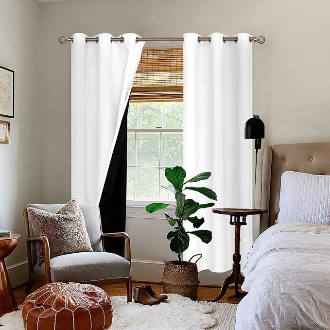 BGment Thermal Insulated 100% Blackout Curtains for Bedroom with Black Liner, Double Layer Full Room Darkening Noise Reducing Grommet Curtain (42 x 84 Inch, Pure White, 2 Panels)
