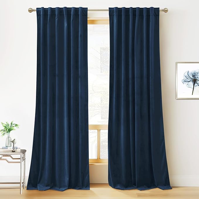 RYB HOME Velvet Curtains 108 inches - Blackout Curtains for Living Room,Thermal Insulated Noise Reducing Panel Soft Vertical Sense Window Decor for Cottage Farmhouse, Navy Blue, W52 x L108, 2 Panels