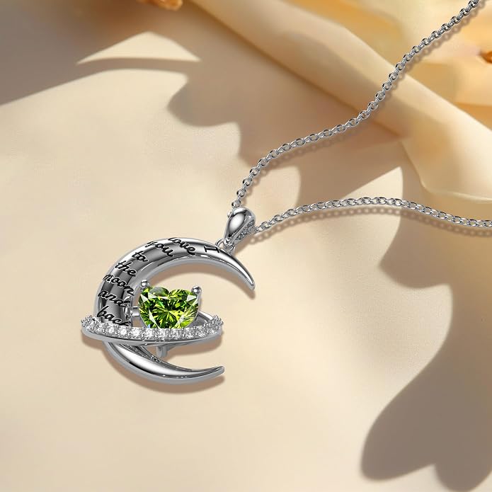 Distance I Love You to The Moon and Back Necklace for Women, S925 Sterling Silver Forever Love Heart Birthstone Necklace, Anniversary Birthday Jewelry for Wife Lover