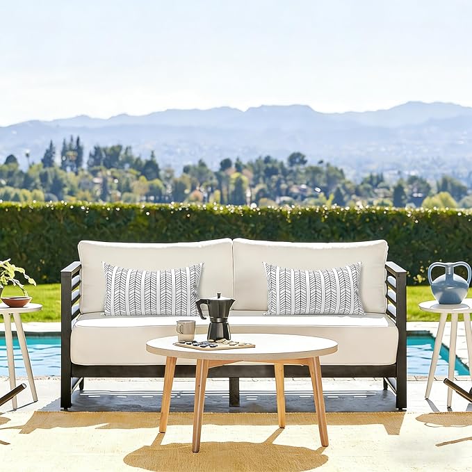 LVTXIII Set of 2 Patio Lumbar Pillows, 12”x20” Fade Resistant Outdoor Lumbar Pillow with Inners, Fluffy Decorative Garden Lumbar Cushions for Home Patio Coach Sofa Use, Herringbone Black White