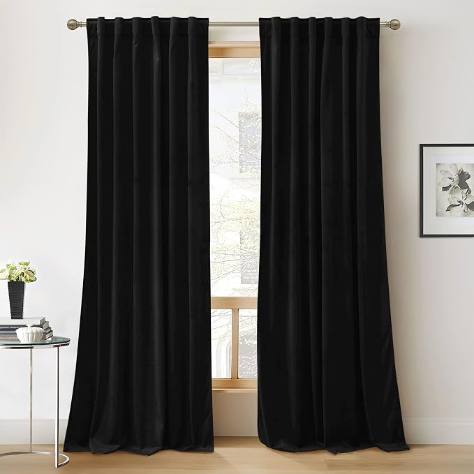 RYB HOME Black Velvet Curtains for Bedroom Living Room, Thermal Insulated Privacy UV Heat Blocking Luxurious Soft Rod Pocket Back Tab Drapes for Nursery, 42" W x 72" L, 2 Panels