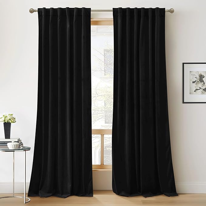 RYB Home Black Velvet Curtains 90 inches - Blackout Heavy Duty Curtains Soft Luxury Back Tab Window Covering Privacy Protection for Kids Room Bathroom Basement, Black, W52 x L90 inches, 2 Panels