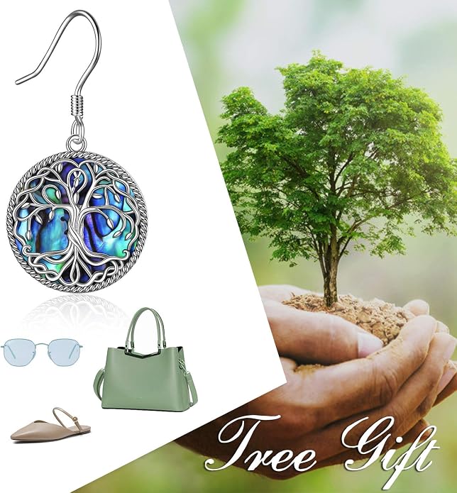 POPLYKE Celtic Tree of Life Earrings for Women Sterling Silver Family Tree Abalone Shell/Volcano Crystal Dangle Earrings Jewelry