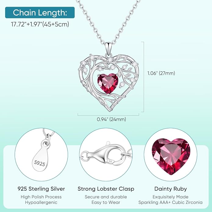 Tree of Life Birthstone Pendant Necklace - 925 Sterling Silver Heart Cubic Zirconia Diamond Women Pendant Necklaces for Her Daughter Girlfriend Birthday Gift Ideas for Wife Mom for Valentines Day