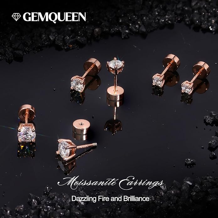 GEMQUEEN 3/4 Pairs Moissanite Earrings Studs 14K Gold Plated S925 Sterling Silver Flat Back Earring for Women Men - Hypoallergenic Set Cartilage Helix Piercing Jewelry Trendy D Color VVS1