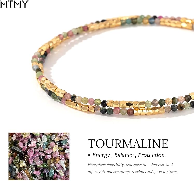 MTMY Beaded Gemstone Choker Necklace for Women, 14K Gold Plated Boho Colorful Natural Stone Bead Chain Necklace Summer Beach Handmade Jewelry