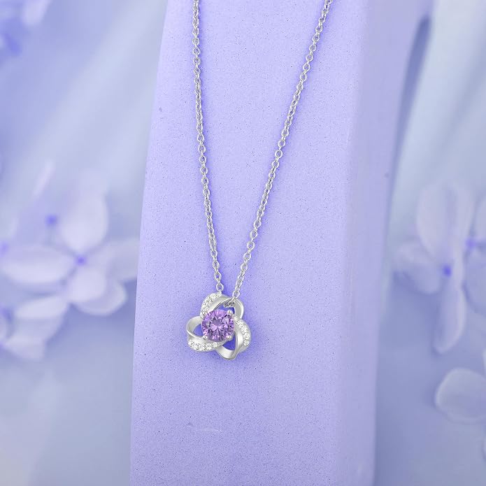 18K Gold Plated Love Knot Necklace for Women, 925 Sterling Silver Round cut Birthstone Pendant Necklace With Chain Lucky Flower Jewelry Gift