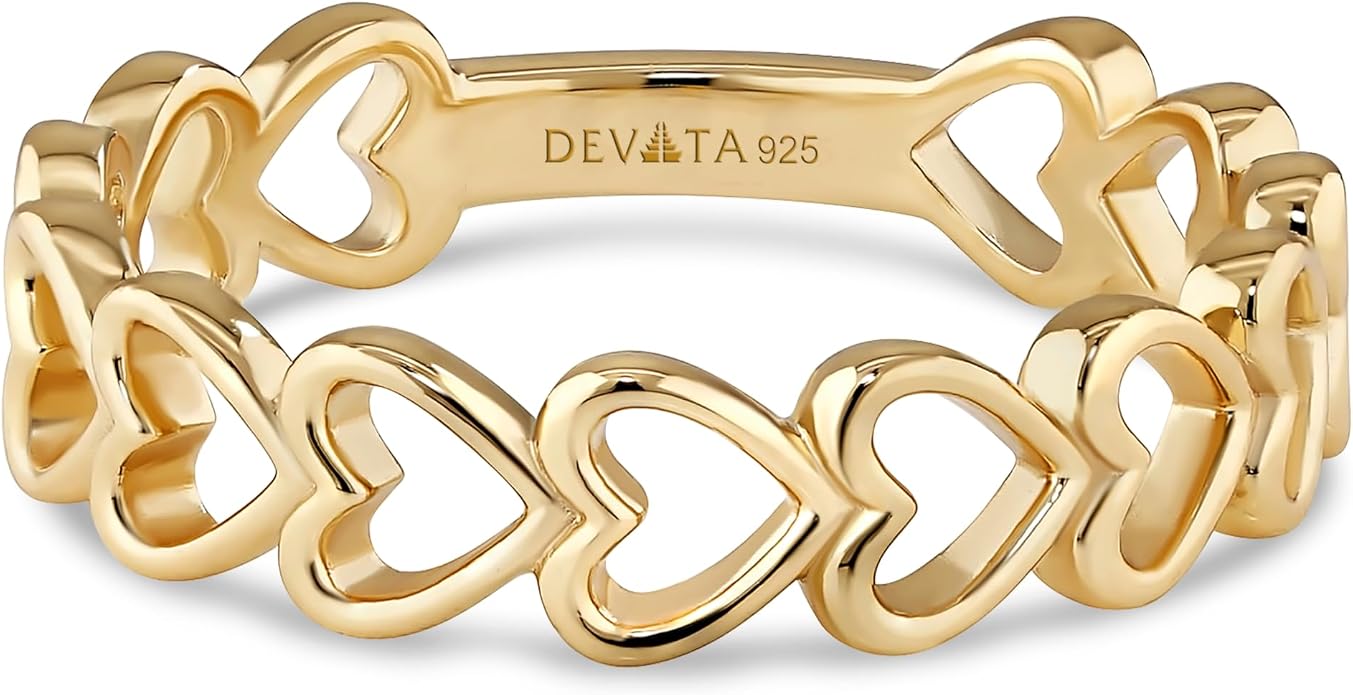 DEVATA Gold or Rhodium Plated Sterling Silver 925 – Eternity, Band Ring for Women – Heart, Knot, Clover, Infinity, Mariner, Cable, Curb, Cuban, Figaro, Daisy, Rope, Ribbed, Dome