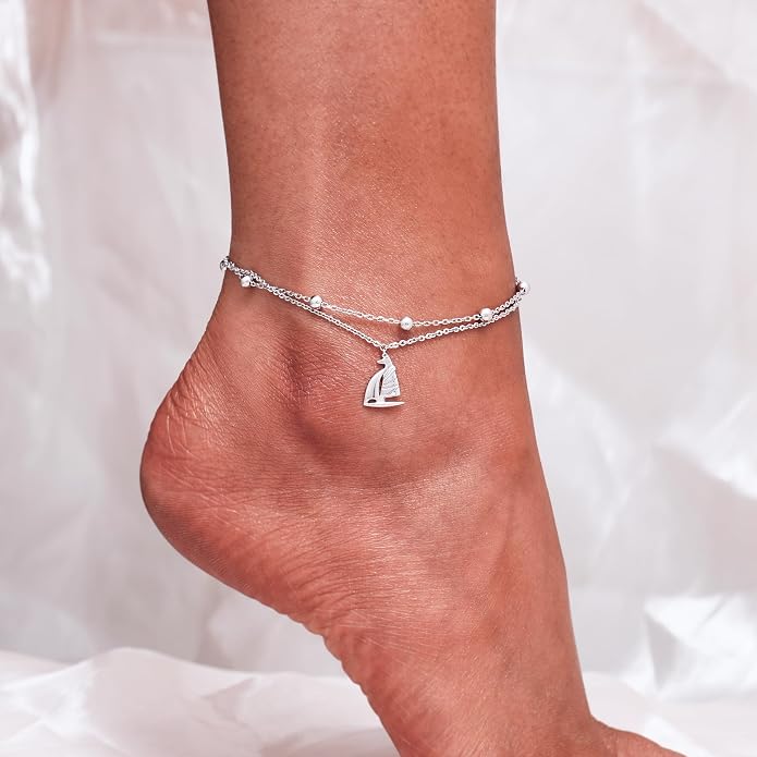 CHIC & ARTSY 925 Sterling Silver Ankle Bracelets for Women, Adjustable Layered Foot Chains with Nature & Symbol Charms, Lightweight Comfort Fit Boho Beach Everyday Jewelry