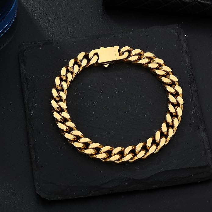 Stainless Steel Cuban Link Bracelet for Men - Gold/Silver Plated Miami Curb Chains Bracelet - Cuban Hand Chain Wrist Bracelet Hip Hop Jewelry, 9mm/11mm Width, 7.5"/8.3"/9"