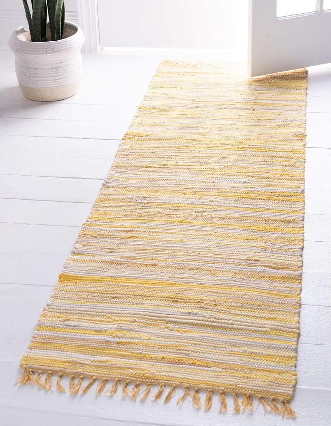 Unique Loom Chindi Cotton Collection Soft Hand Woven Natural Fiber Striped Area Rug, 2 ft 7 in x 9 ft 10 in, Yellow/Ivory