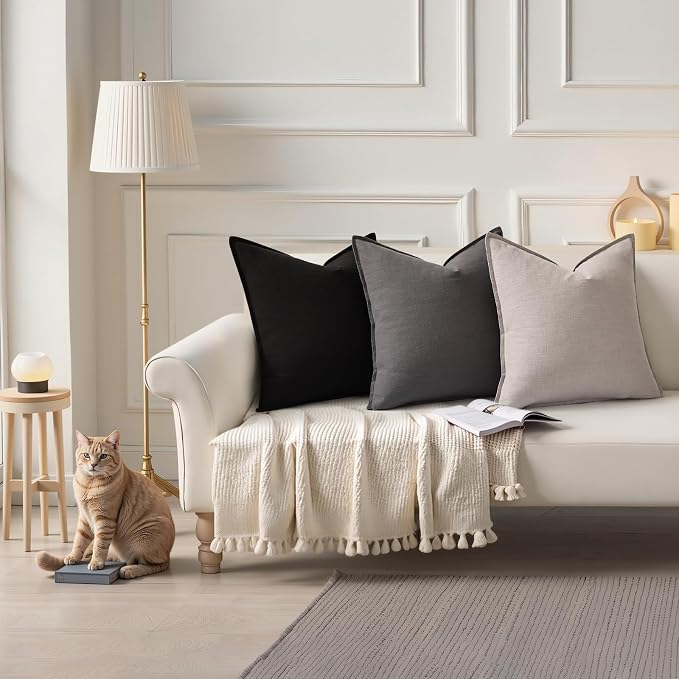 decorUhome Fall Dark Grey Linen Throw Pillow Covers 16x16 Set of 2 | Decorative Soft Cozy Modern Farmhouse Boho Accent Pillow Cases with Flange Edges for Couch Bed Sofa Living Room Home Decor