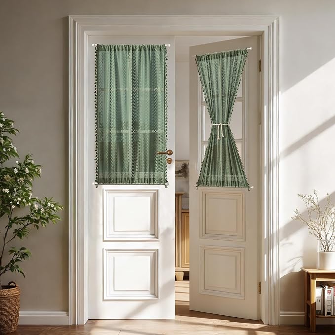 Sutuo Home Green Door Curtains 2 Panels for Doorway Glass & Sidelights, French Country Handmade Tassels Vintage Chic Privacy Drapes Xmas Olive Boho Curtains for Front Door, Rod Pocket 25" W x 40" L
