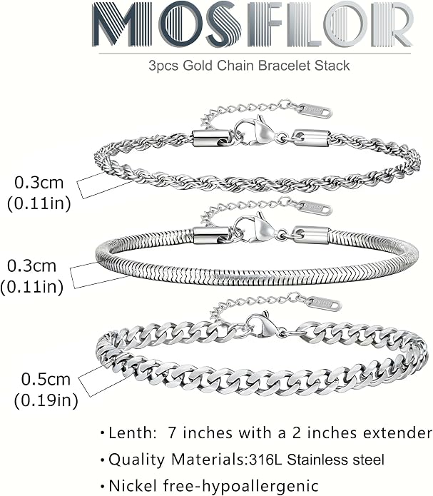 Mens Bracelet - Dainty Gold/Silver Chain Bracelet Stack 14K Gold Plated Silver Bracelets for Men Stainless Steel Adjustable Cross Charm Cuban Link Bracelet Snake Jewelry Set to Men Dad Birthday Day