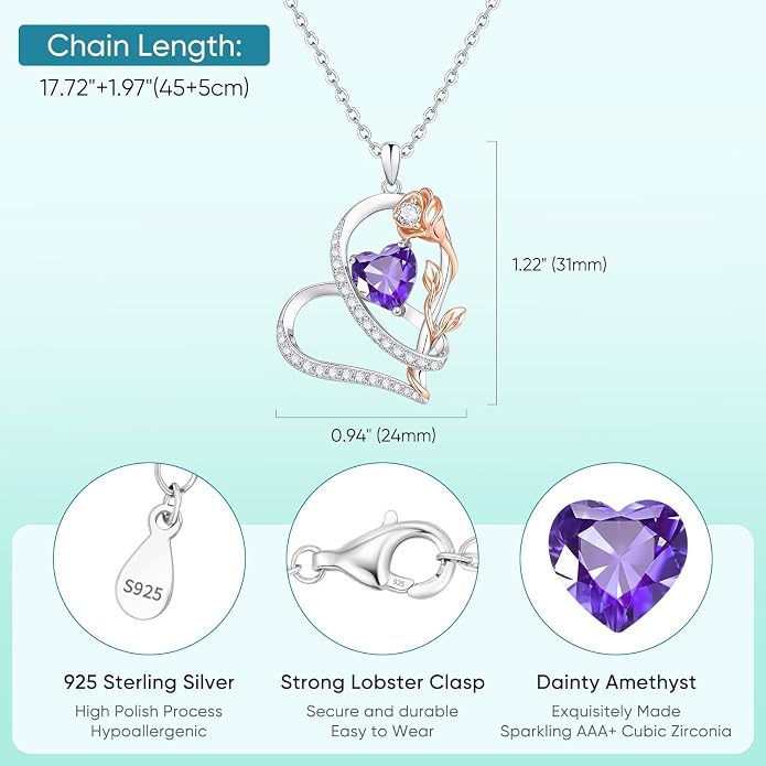 Rose Heart Birthstone Necklace for Women - Dainty 925 Sterling Silver Necklaces for Women Trendy CZ Pendant Necklace Jewelry Birthday Anniversary Christmas Gifts for Girlfriend Mom Lady Daughter