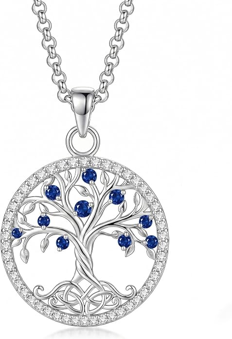ONEFINITY Tree of Life Necklace 18k White Gold Plated Tree of Life Birthstone Pendant Necklace Birthstone Jewelry Anniversary Birthday Gifts for Women Men