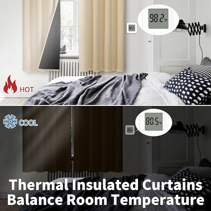 BGment Thermal Insulated 100% Blackout Curtains for Bedroom with Black Liner, Double Layer Full Room Darkening Noise Reducing Grommet Curtain (42 x 63 Inch, Natural, 2 Panels)
