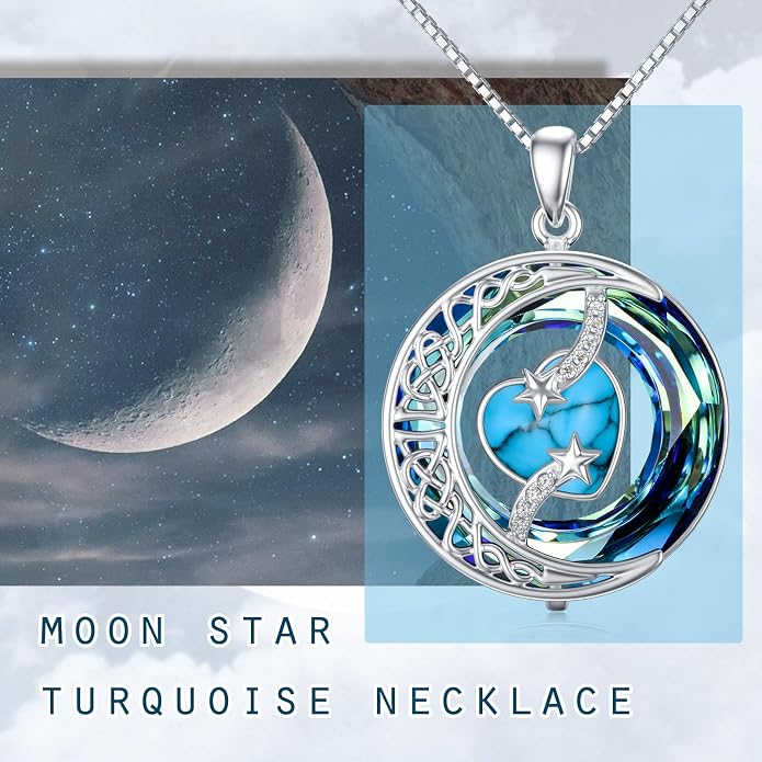 TOUPOP Birthstone Necklace 925 Sterling Silver Moon and Star Pendant Celtic Moon Jewelry with Blue Crystal Anniversary Birthday Gifts for Women Mom Wife Her