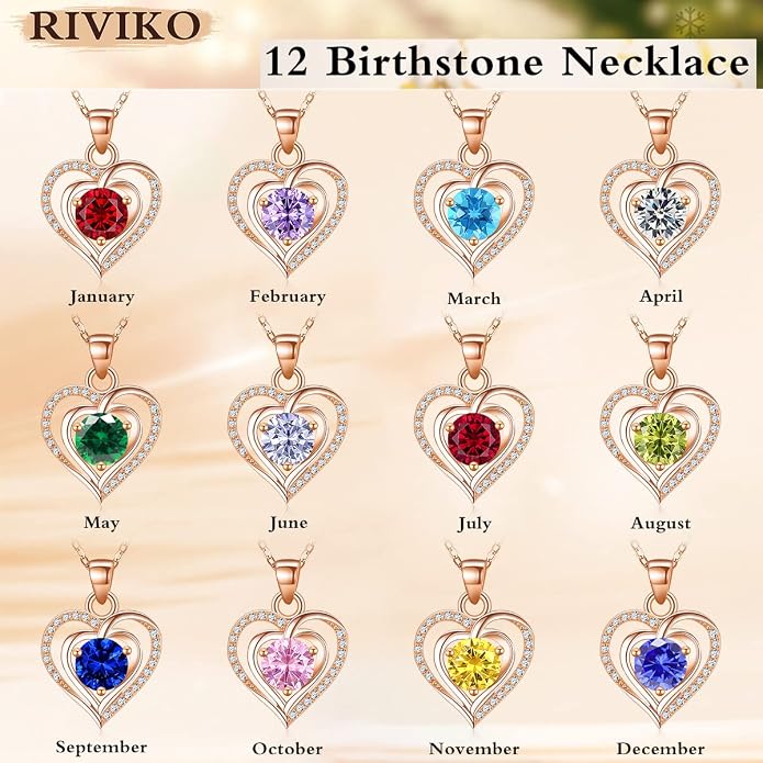 RIVIKO Heart Birthstone Pendant Necklace for Women 925 Sterling Silver Zirconia Necklaces Valentine's Day Anniversary Birthday Mothers Day Jewelry Gifts For Her Mother Wife