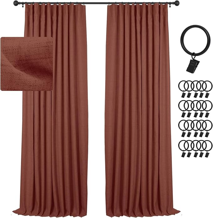 INOVADAY 100% Blackout Curtains for Bedroom, Terracotta Black Out Curtains 108 Inch Long, Clip Rings Linen Blackout Drapes, Thermal Insulated Room Darkening for Living Room, 2 Panels - W50xL108