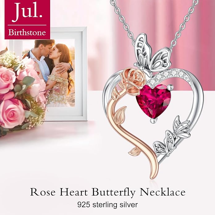 TOUPOP Rose Heart Birthstone Necklace 925 Sterling Silver Heart Butterfly Pendant Love Jewelry Birthday Gifts for Women Wife Mom Her