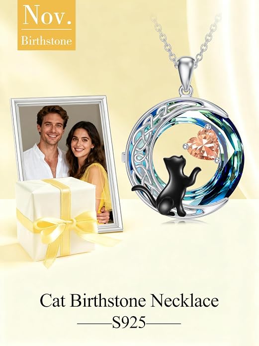 TOUPOP Cat Gifts for Cats Lovers 925 Sterling Silver Black Cat Necklace Celtic Moon Birthstone Jewelry for Women Anniversary Birthday Gift for Her Wife Mom