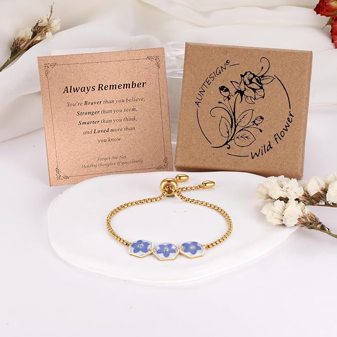 AUNTESIGN Forget-Me-Not Pressed Wildflower Bracelet | Pressed Flower Bracelet | Gold/Silver Pressed Flower Jewelry | Personalized Handmade Jewelry | Gift For Women