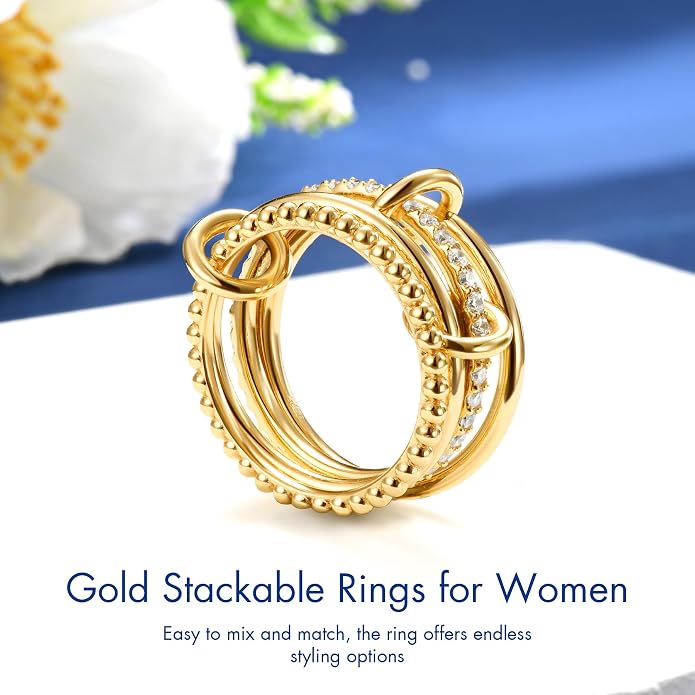 Kstyle Interlocked Stackable Rings for Women，14K Gold Plated 925 Sterling Silver，Moissanite Spinelli Rings for Women，Connected Bands Stacking Jewelry