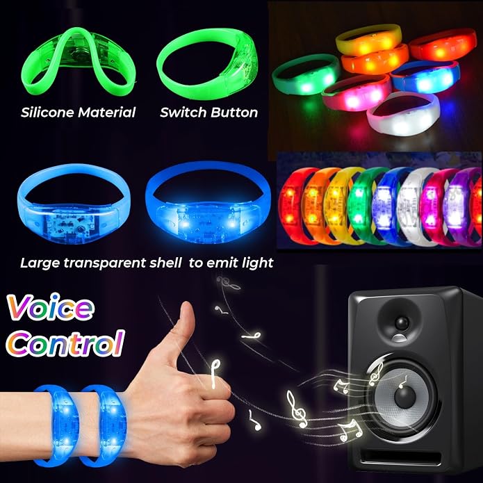 24 Pack Light UP Bracelets Sound Activated Flashing Wristbands Music Control Glow in the Dark Bracelets for Rave Game Prizes Carnival Concerts Night Events Mardi Gras Party Favors