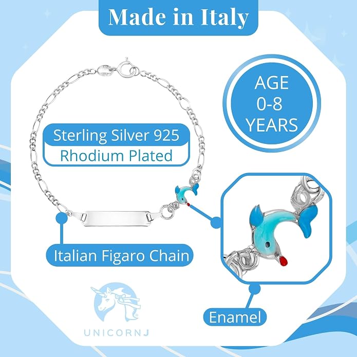 UNICORNJ 925 Italy Sterling Silver Child or Baby Name Bracelet Girls Boys, Personalized Engraved Kids ID Bracelets, 6.5" Figaro Chain, Enamel Charm Newborn Infant Toddler Kid Jewelry