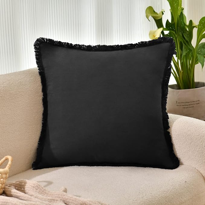 ZWJD Pillow Covers 24x24 Set of 2 Black Throw Pillow Covers with Fringe Chic Cotton Decorative Pillows Square Cushion Covers for Sofa Couch Bed Living Room Farmhouse Boho Decor