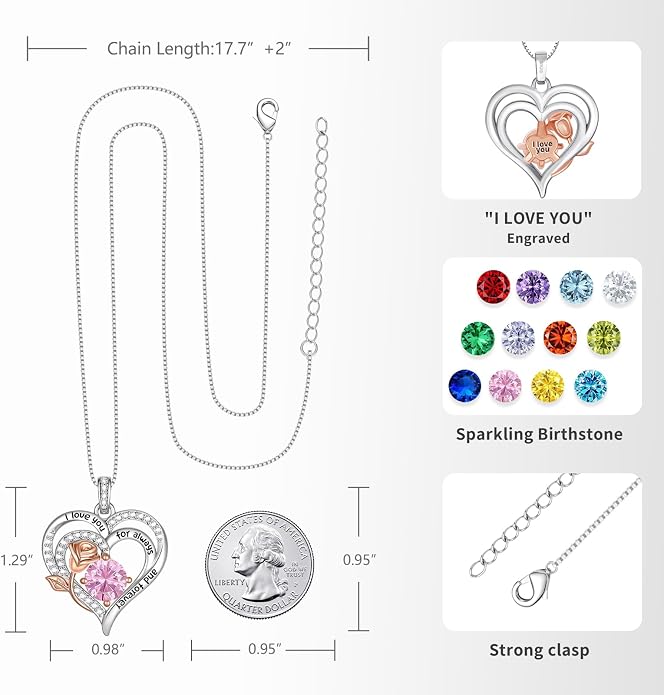 Birthstone Heart Necklaces for Women 925 Sterling Silver Fine Jewelry Rose Pendant Necklace Anniversary Birthday Mothers Day Gifts Her Wife Women Mom Daughter