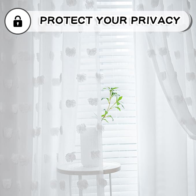 MYSKY HOME White Curtains for Living Room Extra Long Curtain for Sliding Door Double Layer Drapes White Pom Pom Sheer Back Tab Light Filtering Privacy Protect Window Panels, W52 X L102 2 Pieces