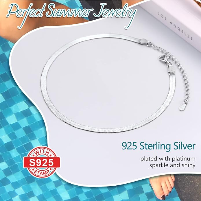 PROSILVER 925 Sterling Silver Ankle Bracelets For Women, Stylish Chain Anklets, Summer Beach Jewelry, 8.6-10.6 Inch Adjustable, Come with Box