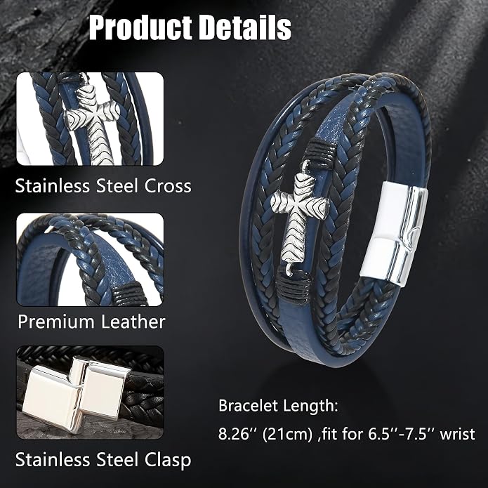 Men's Cross Leather Bracelet Vintage Christian Religious Faith Cuff Bangle Multi-Layer Braided Genuine Leather Wrap Wristband with Stainless Steel Clasp Jewelry for Women Him or Her