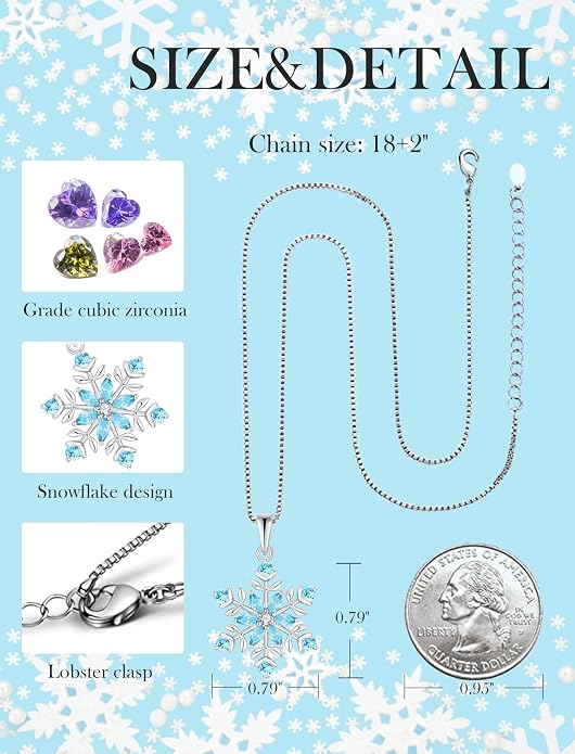 PYNYZ Snowflake Necklace 925 Sterling Silver Snoefalke Birthstone Pendant Christmas Jewelry for Women