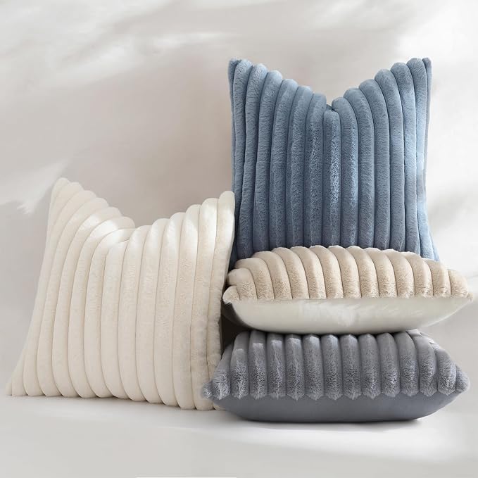 decorUhome Fall Faux Fur Throw Pillow Covers 12x20 Set of 2 Grey Blue | Decorative Soft Cozy Striped Plush Modern Farmhouse Boho Couch Pillow Cases Velvet Back for Sofa Bed Living Room Home Decor