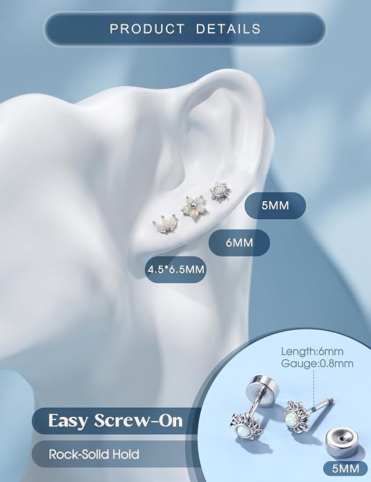 ORAZIO 925 Sterling Silver Flat Back Stud Earrings for Women Hypoallergenic 14K Gold Plated Cartilage Earrings for Sensitive Ears Small CZ Opal Conch Helix Tragus Piercing Jewelry 3 Pairs 20G