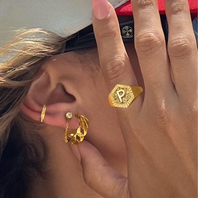 KeyStyle Bold Initial Letter Rings Adjustable, GoldChic Jewelry Women Gold Statement Ring Personalized Engraved Women’s Open Signet Ring for Party (Gold, White Gold, Black)