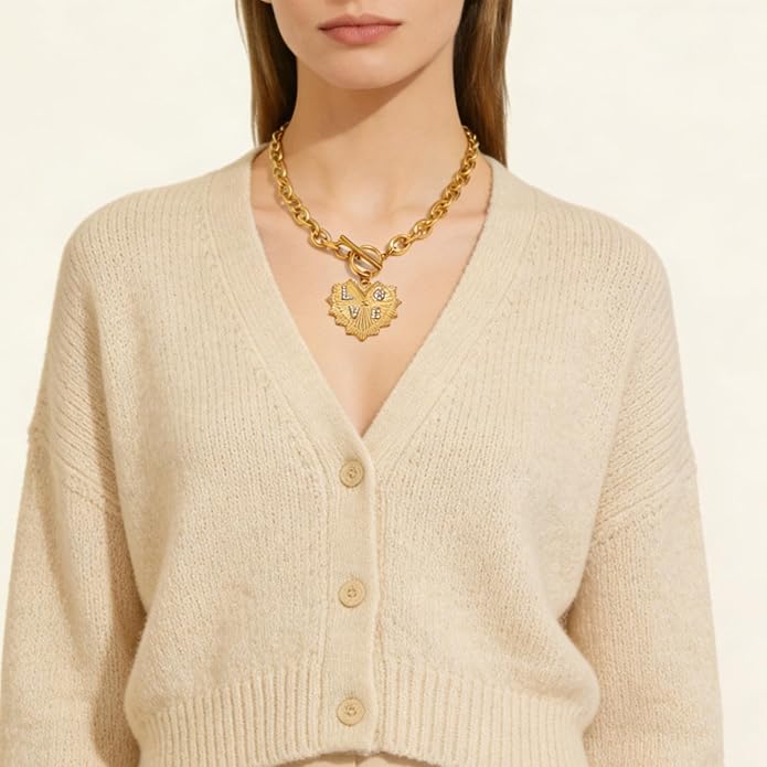 Chunky Gold Heart Necklace for Women, 18K Gold Plated Puffy Heart Pendant with Thick Paperclip Chain, Large Statement Choker Necklace, Vintage Style Stainless Steel Jewelry Gift for Christmas, Birthday, Valentine‘s Day