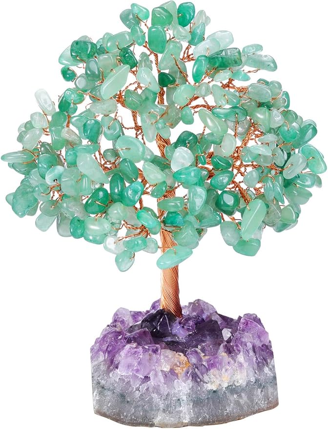 Jovivi Natural Green Aventurine Healing Crystal Money Tree on Amethyst Cluster Geode Druzy Base Feng Shui Crystals for Home Office Desk Decorations, Wealth, Good Luck