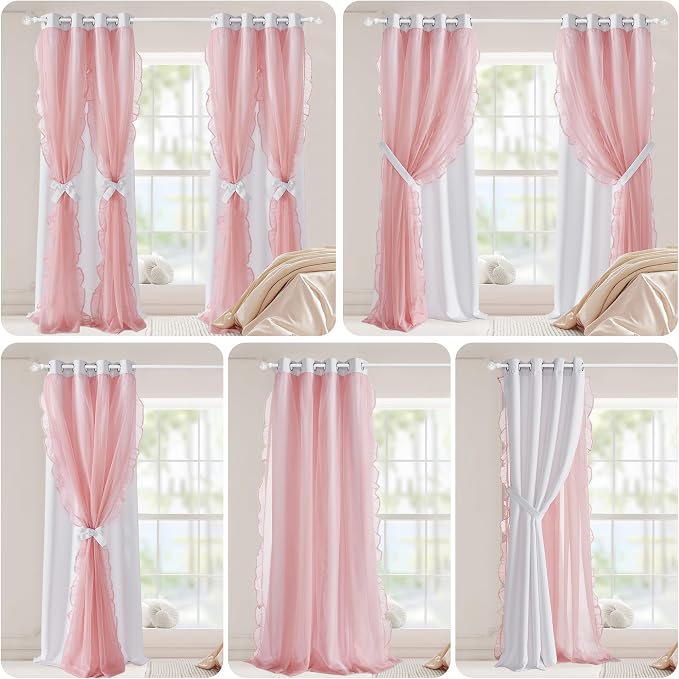 PONY DANCE Shabby Chic Curtains for Bedroom Double Layer Ruffle Sheer Overlay with Tiebacks French Country Drapes for Room Decor, 52" W x 84" L, White-Pink, 2 Pieces
