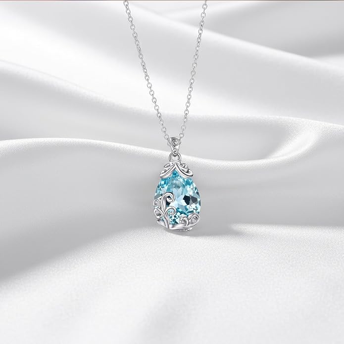 POPLYKE Sterling Silver Gemstone Teardrop Pendant Necklace Crystal Jewelry for Women