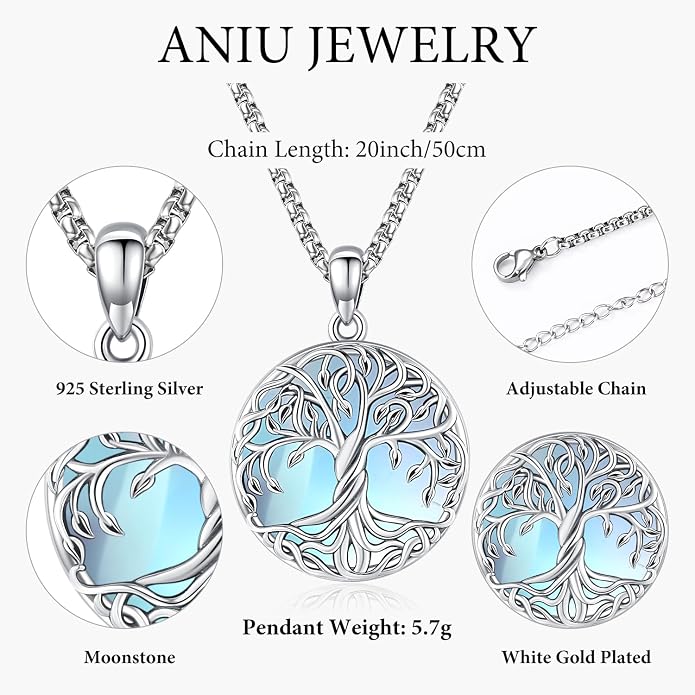 Aniu Tree of Life Necklace for Women, 925 Sterling Silver Mother of Pearl Family Palm Tree Charm Pendant Jewelry for Birthday Christmas Gift
