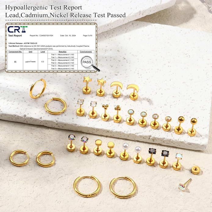 Jstyle Hypoallergenic Flat Back Stud Earrings for Women Men Surgical Stainless Steel Earrings for Sensitive Ears Small Stud Hoop Silver Gold Black Earrings Cartilage Earring Set for Multiple Piercing