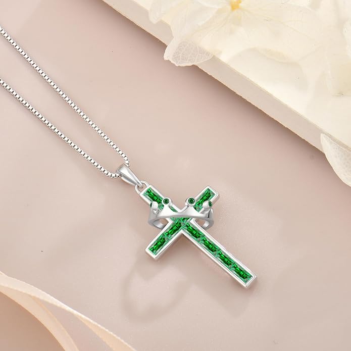 Gemstone Crown Cross Necklaces for Women, 925 Sterling Silver Rectangular cut Zircon Pendant With Rotated Crown Faith Cross Jewelry Gift